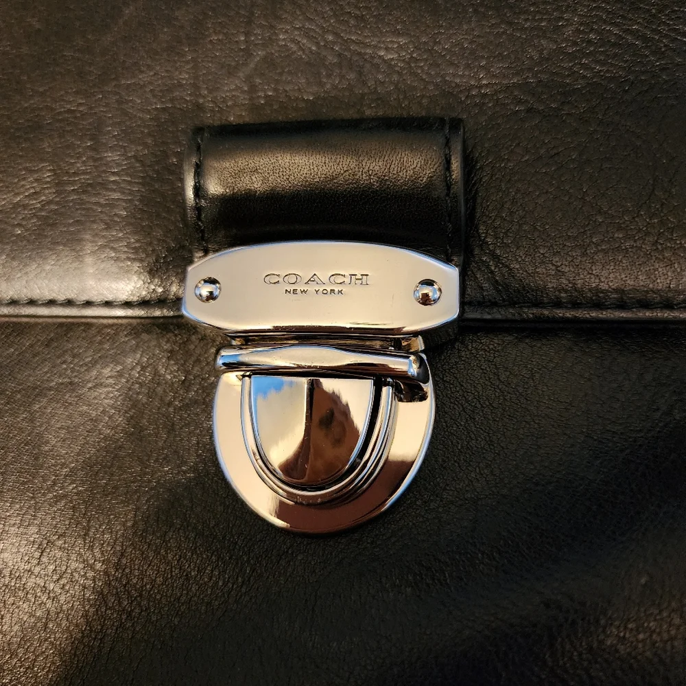 Coach Black Leather Briefcase with Silver Accents